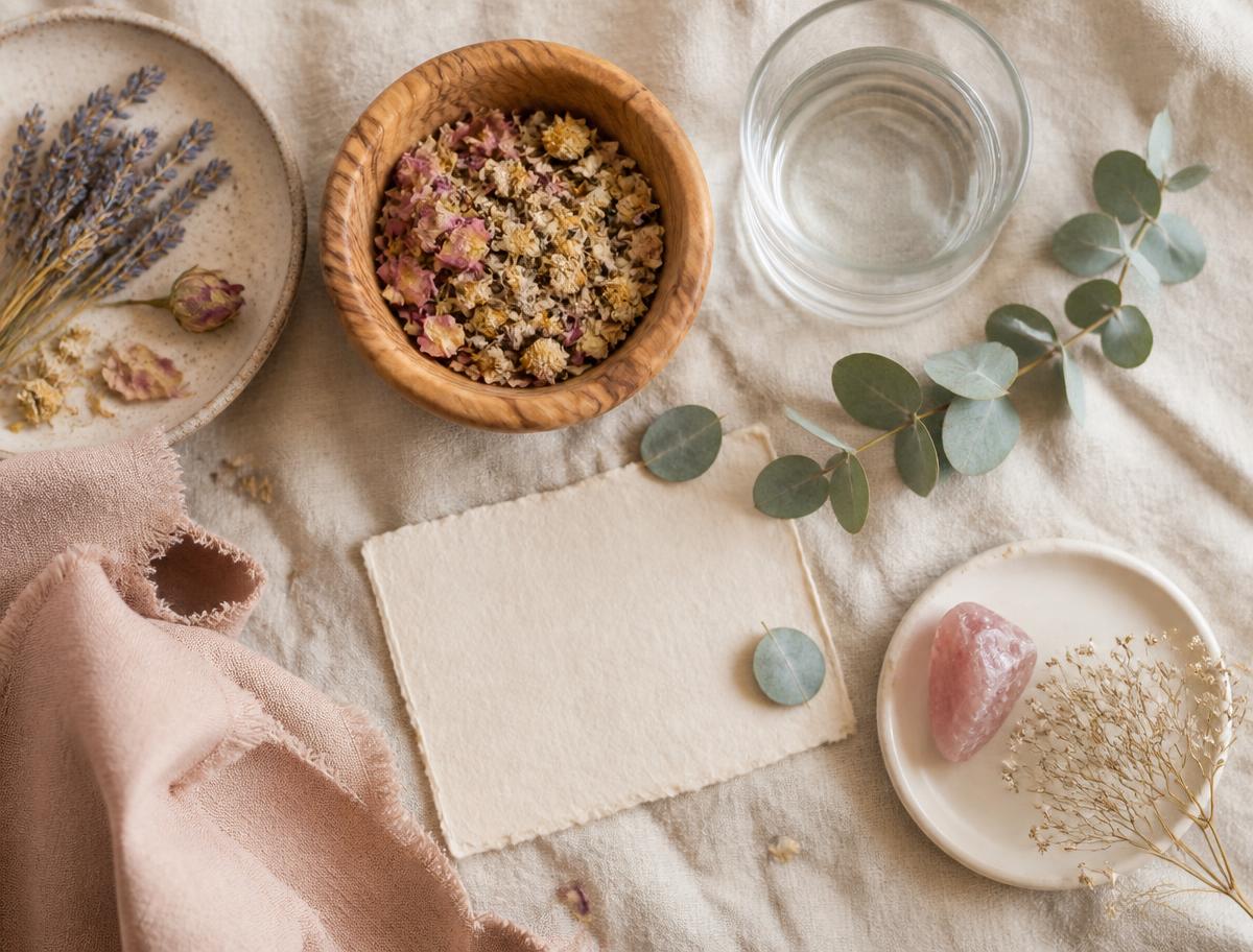 A calm flat-lay of dried herbs, eucalyptus, and natural wellness objects
