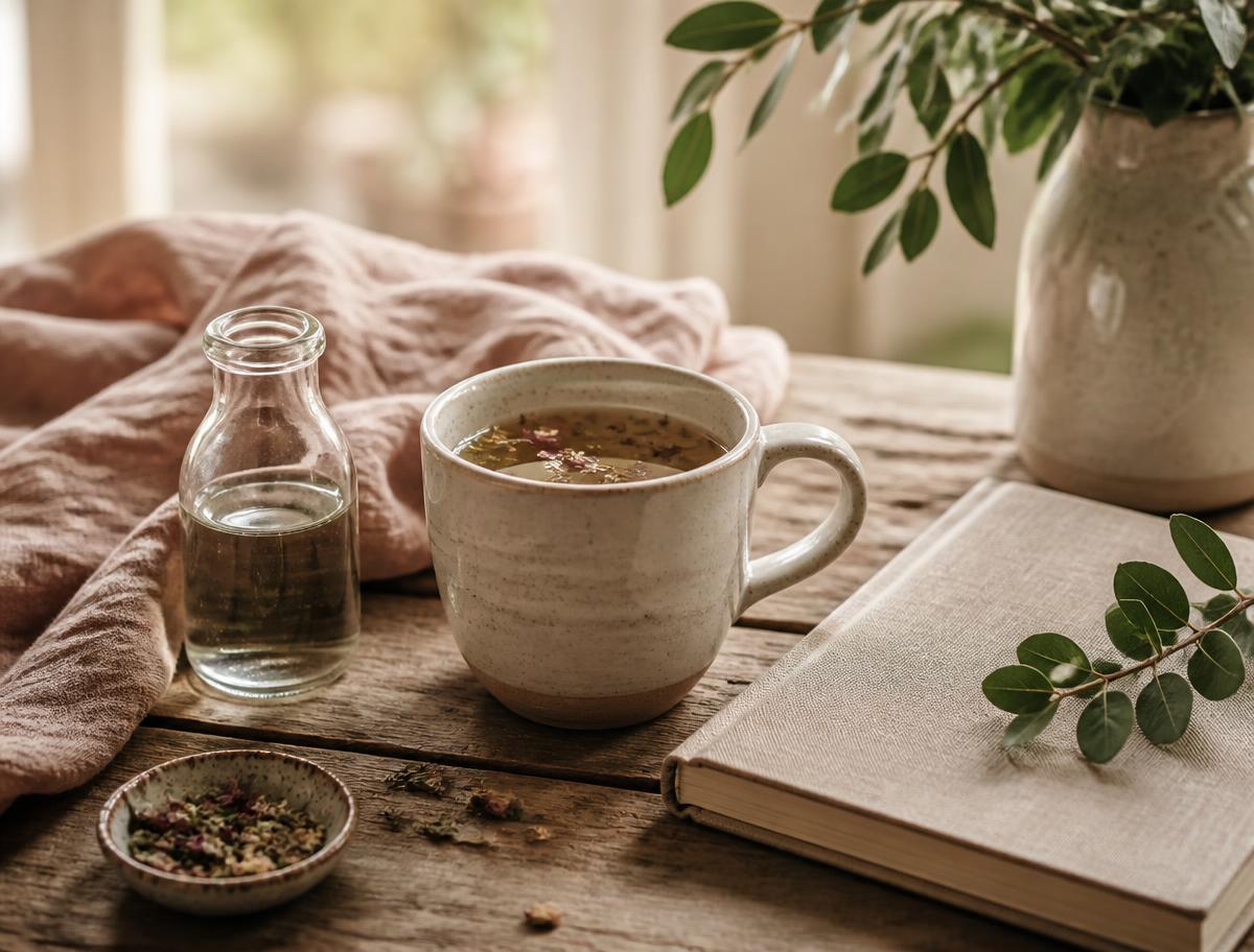 A warm, grounded morning scene with herbal tea and a linen journal