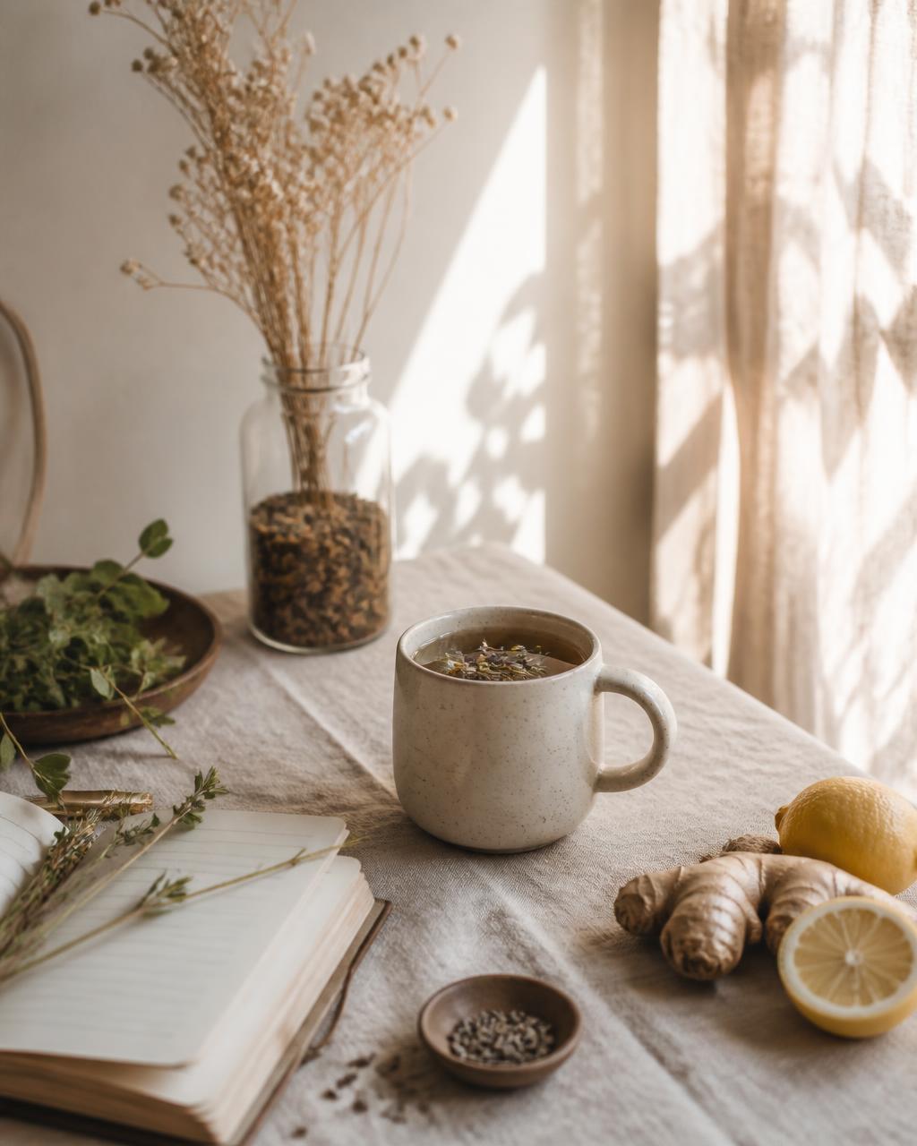 Sunlit linen table with herbal tea, fresh herbs, lemon, ginger, and an open notebook
