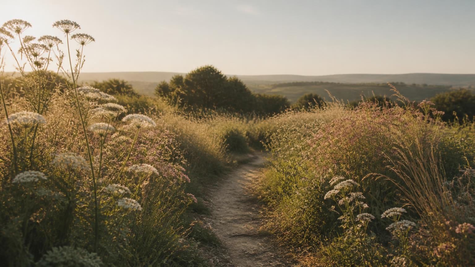 A soft path winding through a sunlit wildflower meadow