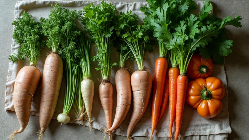 Garden harvest with root vegetables and herbs