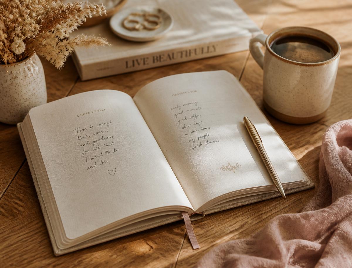 An open journal and a warm cup of coffee on a wooden table